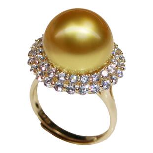 挚彩珠宝轻奢淡水大珍珠纯银带钻戒指南洋浓金色金珠时尚个性女