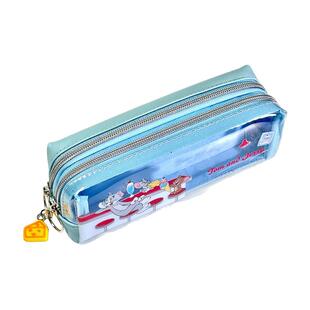 小众笔袋日本限定猫和老鼠蓝色透明双层笔袋ins风简约小学生