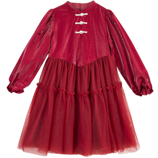 LittleNaive女童加绒网纱连衣裙冬季小立领新年旗袍红色儿童礼服