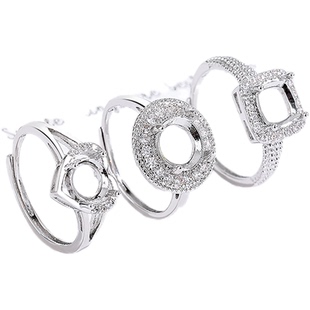 原创设计镀银女戒指托排戒空托diy多主石位镶嵌圆形钻平底翡翠危