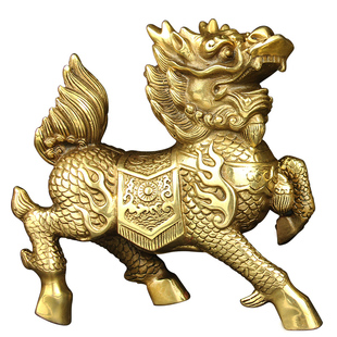 纯黄铜麒麟摆件大号一对火麒麟送子中式家居客厅卧室镇家宅工艺品