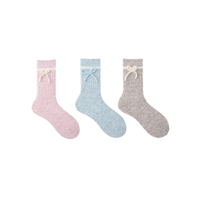 蓝色羊毛袜子女秋冬加厚保暖加绒抗寒立体蝴蝶结中筒学院风堆堆袜