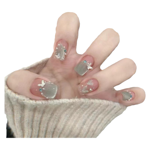 曼辞法式猫眼蝴蝶穿戴甲水光玻璃珠钻石纯欲风手工美甲短款假指甲