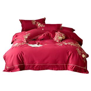 花开富贵中式婚庆刺绣结婚四件套年轻人纯棉大红色新婚陪嫁婚礼
