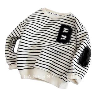 儿童卫衣春秋季加绒新款2026新款男童条纹刺绣纯棉上衣中大童酷帅