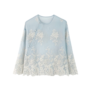 JKJS【拂霓裳】满版绣花 新中式斜襟衬衫外套蓝色高级感轻奢上衣