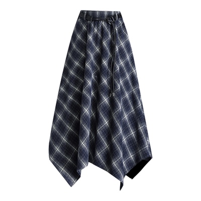毛呢格子半身裙女秋冬长裙2025新款不规则梨形遮胯高腰口袋a字裙