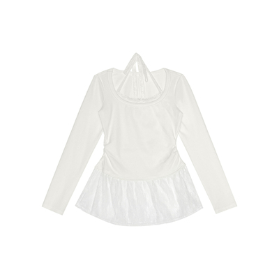 米米子微胖大码胖mm“纯白星河”甜美风修身假两件蕾丝挂脖上衣冬