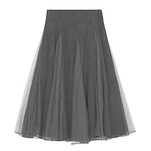 sdeer圣迪奥春秋装女装优雅网纱拼接不规则半身A字长裙S223Z1167