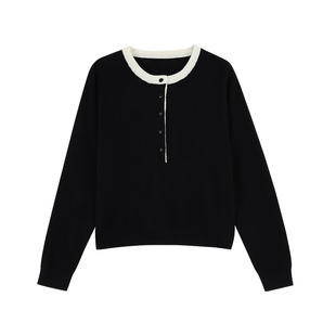 pusumede 温柔简讯 1OO羊毛圆领撞色针织衫女宽松软糯叠穿上衣