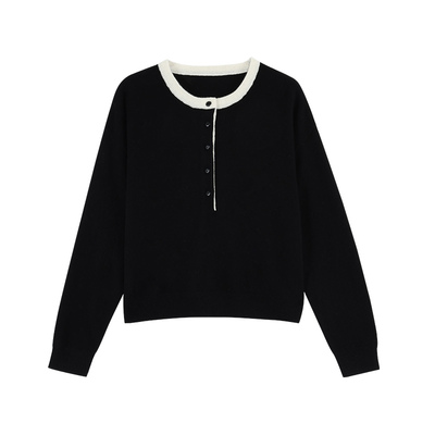 pusumede 温柔简讯 100%羊毛圆领撞色毛织衫女宽松软糯叠穿上衣