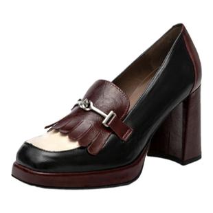 WONDERS西班牙原产进口拼色流苏饰扣马蹄跟方头高跟水台女单鞋