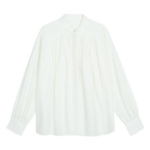 MULVAN 智性轮廓 法式白色立领压褶衬衫女慵懒宽松高智感长袖衬衣