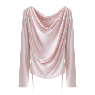 HAMYIHO 纯欲慵懒氛围感露肩长袖T恤女设计感斜肩荡领打底衫上衣
