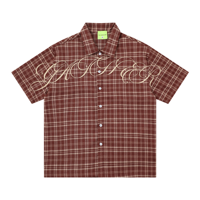 EUEH美式复古刺绣字母宽松短袖格子衬衫男女半袖格纹休闲上衣潮牌