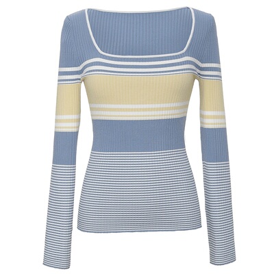 OBEG欧碧倩秋冬时尚U领针织衫女撞色条纹套头衫10421059