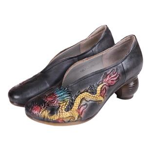 相伴【40码捡漏】真皮妈妈鞋民族风皮鞋复古单鞋粗跟特价女鞋