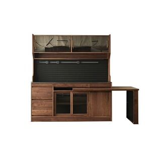 北美黑胡桃木餐边柜餐桌可旋转隐藏式一体靠墙实木客厅边柜可