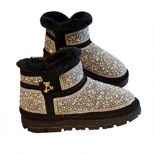 水钻雪地靴女冬满天星毛毛鞋一脚蹬羊毛短靴平底加绒加厚保暖棉鞋