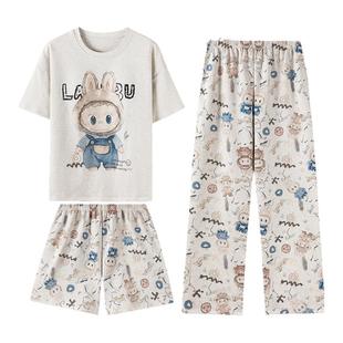 卡之恋睡衣带胸垫女短袖2025新款夏季纯棉短裤长裤三件套装家居服