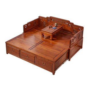 新中式推拉罗汉床实木多功能伸缩沙发床客厅榆木两用小户型罗汉榻