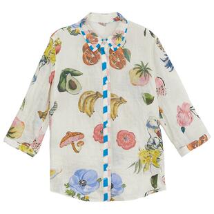 谜底花色衬衫七分袖女年夏款复古优雅苎麻透气衬衣242MC0537