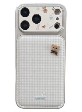 jze少女心ins简约温柔蓝格纹立体小熊适用苹果17ProMax手机壳iphone15新款16pro女13全包15pro防摔17手机套14