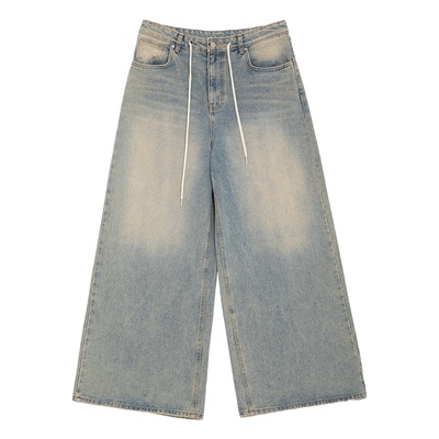 抽绳超宽松坠感做旧阔腿牛仔裤