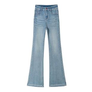 加绒加厚浅蓝高腰牛仔微喇九分裤女秋冬新款小个子弹力显瘦长裤子