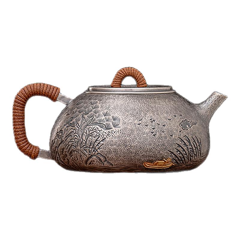 銀器時(shí)代 純銀999云林山水泡茶壺手工鏨刻小銀壺景舟石瓢壺銀茶壺