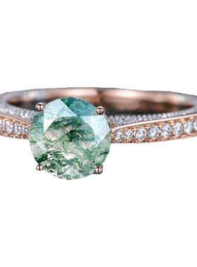 天然绿色苔藓玛瑙钻石戒指玫瑰金