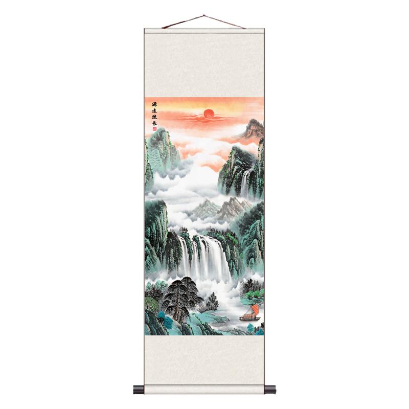 招财山水竖幅挂画玄关风水字画定制国画旭日东升茶楼办公室装饰画
