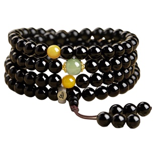 天然原矿乌金黑曜石手串108颗生肖本命年转运珠和田玉蜜蜡手链男