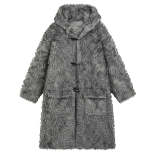 3KU夫妇冬季新款连帽加厚保暖皮草毛毛女长款外套牛角扣大衣百搭