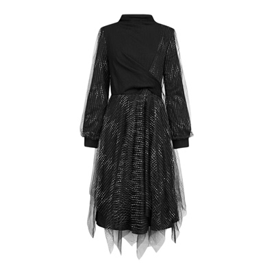 sdeer圣迪奥女装时尚圆领拼接网纱条纹连衣裙S231Z1256