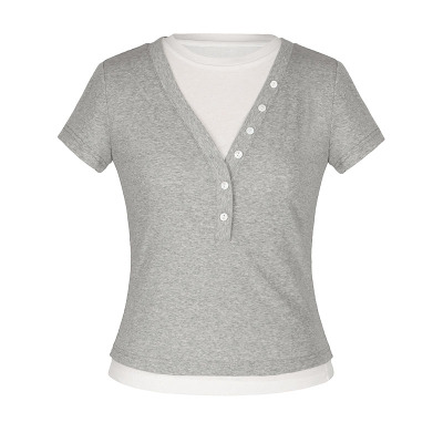 SEEKSIMPLE 高质长绒棉|修身版型|撞色假两件短款T恤短袖上衣