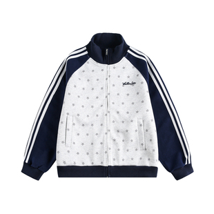 TIRED美式撞色三条杠满印花立领开衫卫衣春季情侣款运动上衣外套