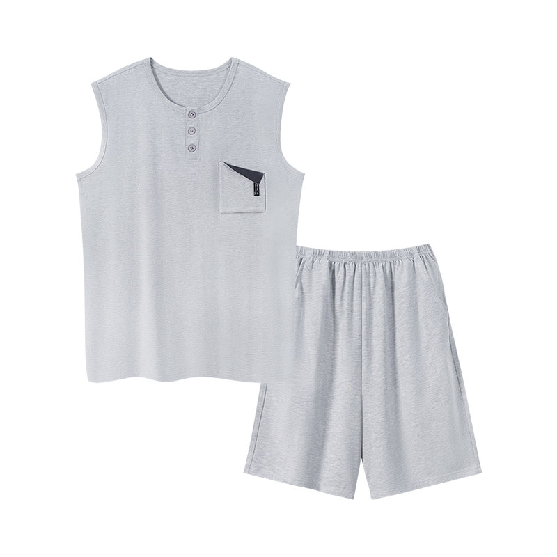 夏季无袖睡衣男冰丝运动居家服套装青年灰色新款背心短裤凉感透气