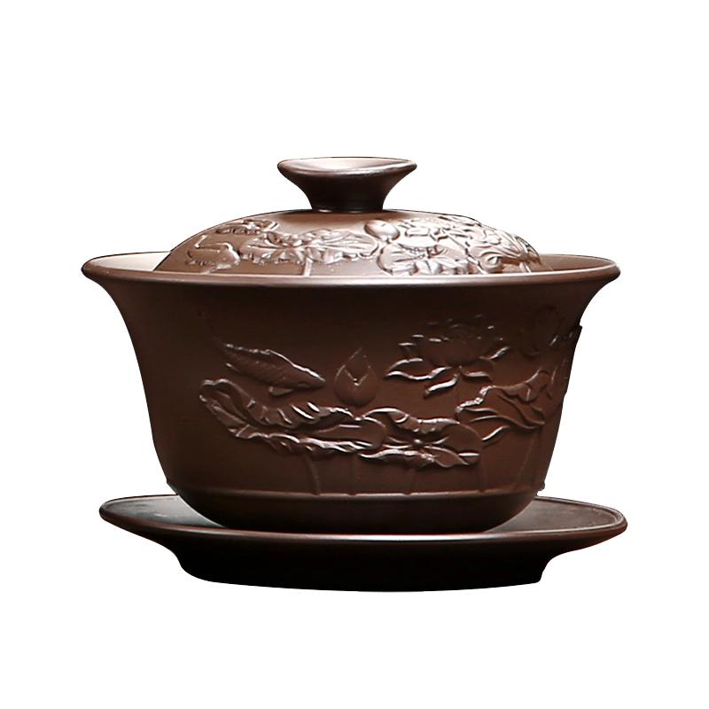 紫砂三才碗编织浮雕花纹中号盖碗