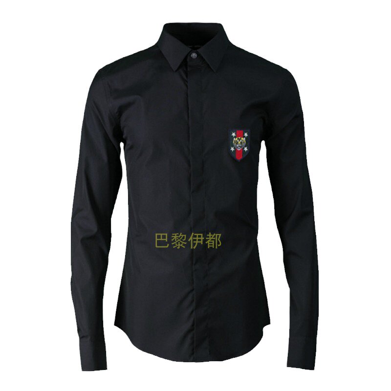 欧美风2023春季新款老虎织带时尚休闲百搭纯棉修身型男式长袖衬衫