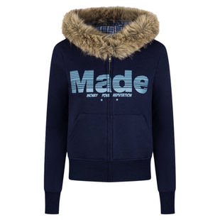 Amoeba美式复古毛领连帽卫衣拉链开衫字母印花秋季短款宽松外套女