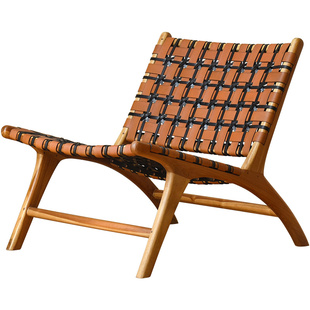 印尼进口复古沙发椅牛皮休闲阳台ins设计师柚木躺椅北欧实木椅子