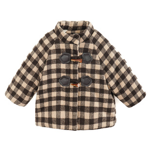 砚台家童装男童羊角扣棉服儿童加绒保暖外套宝宝格子上衣冬季新款