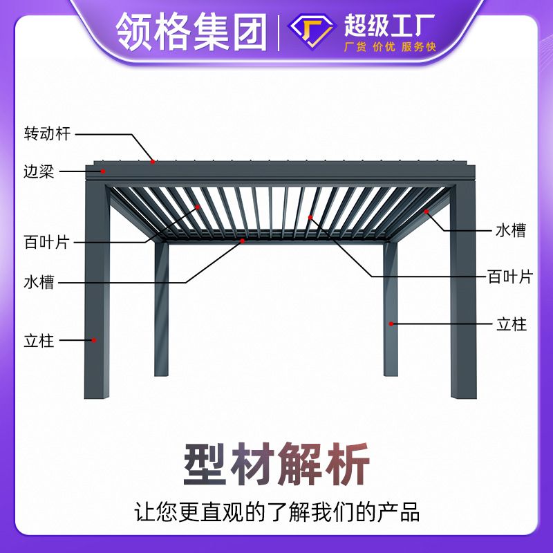 领格 铝合金移动智能阳光亭现代简约四角亭别墅电动百叶翻转凉亭