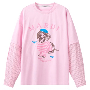 MARDI卡通小狗卫衣女时尚假两件女长袖上衣圆领宽松上衣粉色少女