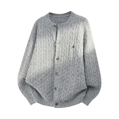 拉夏贝尔复古针织开衫冬季新款麻花纹毛衣外套圆领刺绣男百搭复古