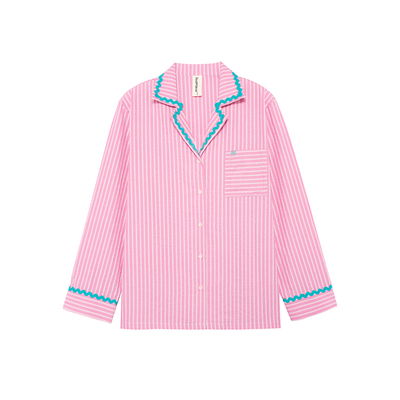 汝曼司女泡芙棉撞色刺绣条纹睡衣