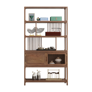 新中式老榆木博物架隔断黑胡桃木博古架实木书架茶室展示置物架