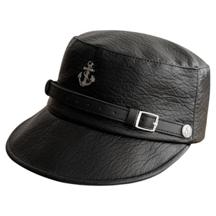 秋季时髦复古马术帽女生小众船锚皮质骑士帽百搭黑色平顶鸭舌帽子