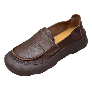 丑乐复古风真皮乐福鞋女厚底一脚蹬圆头中老年单鞋舒适黑色工作鞋